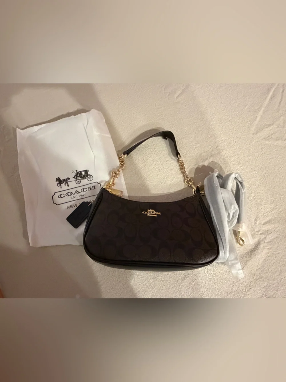 Coach Dark Brown Signature Crescent Shoulder Bag with Gold Hardware